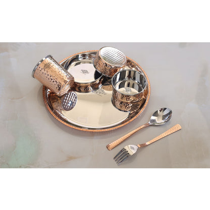 Steel Copper Hammered Design 7 Pieces Dinner Set/Thali Set of 1 Thali, 1 Glass, 1 Spoon, 1 Fork, 1 Small Plate & 2 Bowls, Dinnerware, Tableware Or Crockery