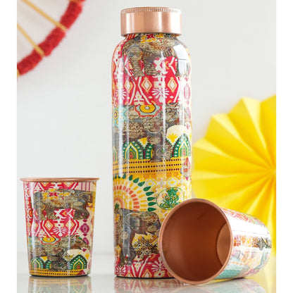 Rajasthani Meena "Padharo Mhare Desh" Printed Copper Bottle & Glass Set
