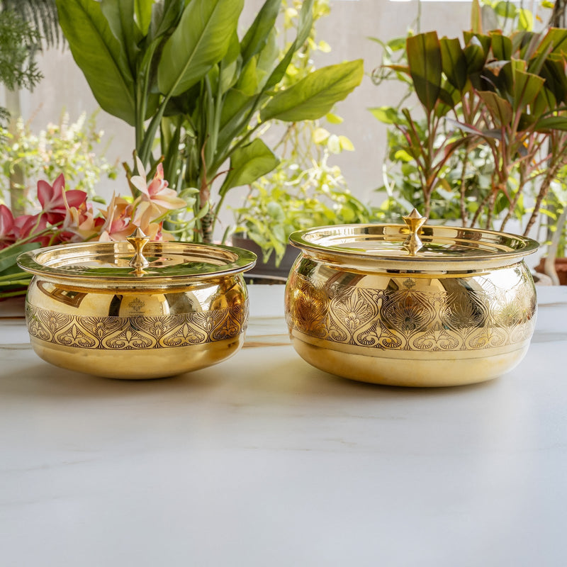 Brass Embossed Handi with Brass Lid & Knob, Tin Lined