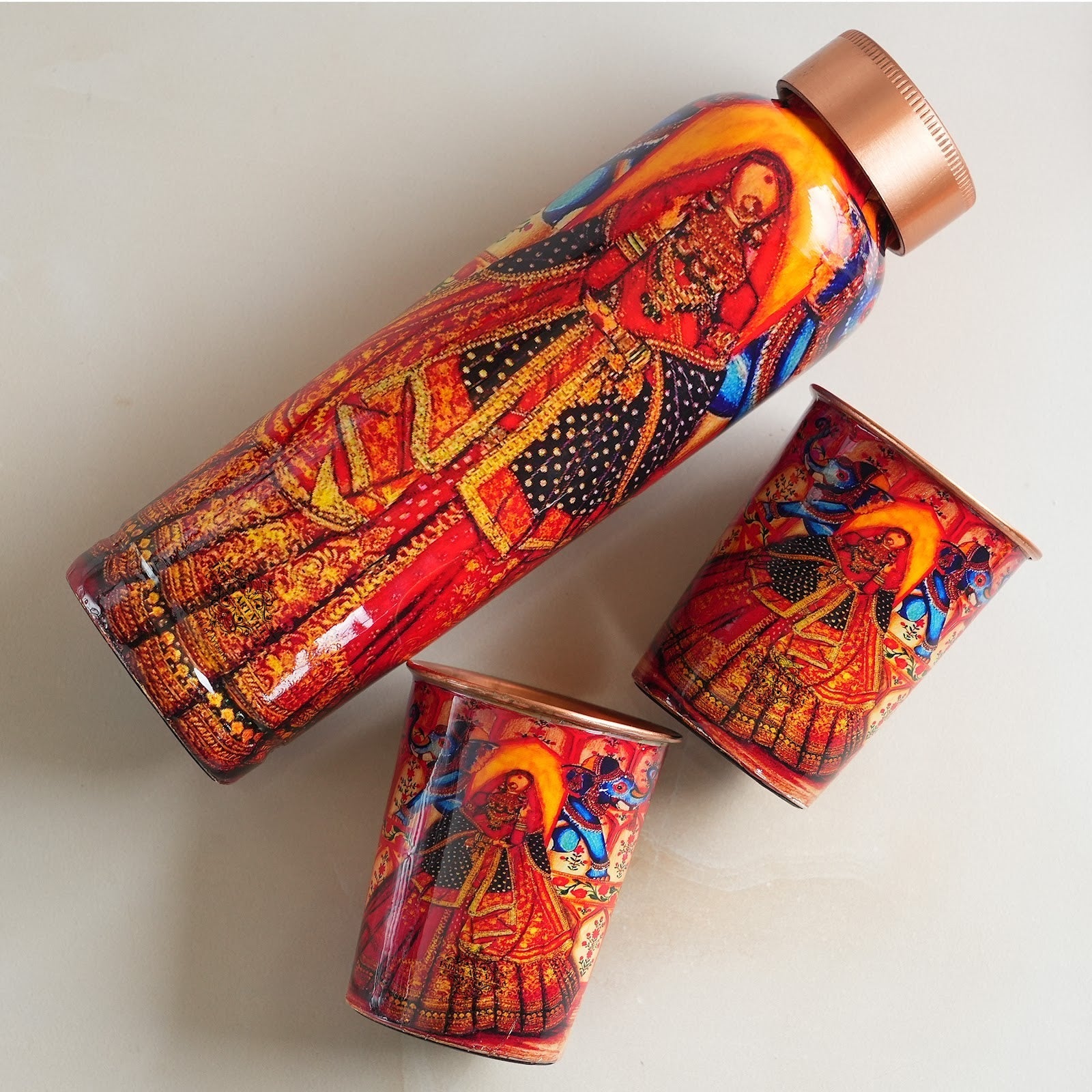 Rajasthani Meena "Padharo Mhare Desh" Printed Copper Bottle & Glass Set