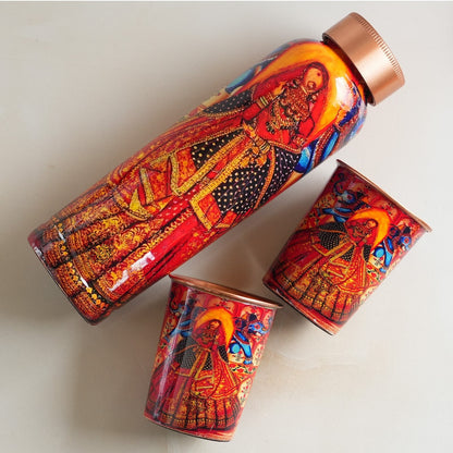 Rajasthani Meena "Padharo Mhare Desh" Printed Copper Bottle & Glass Set