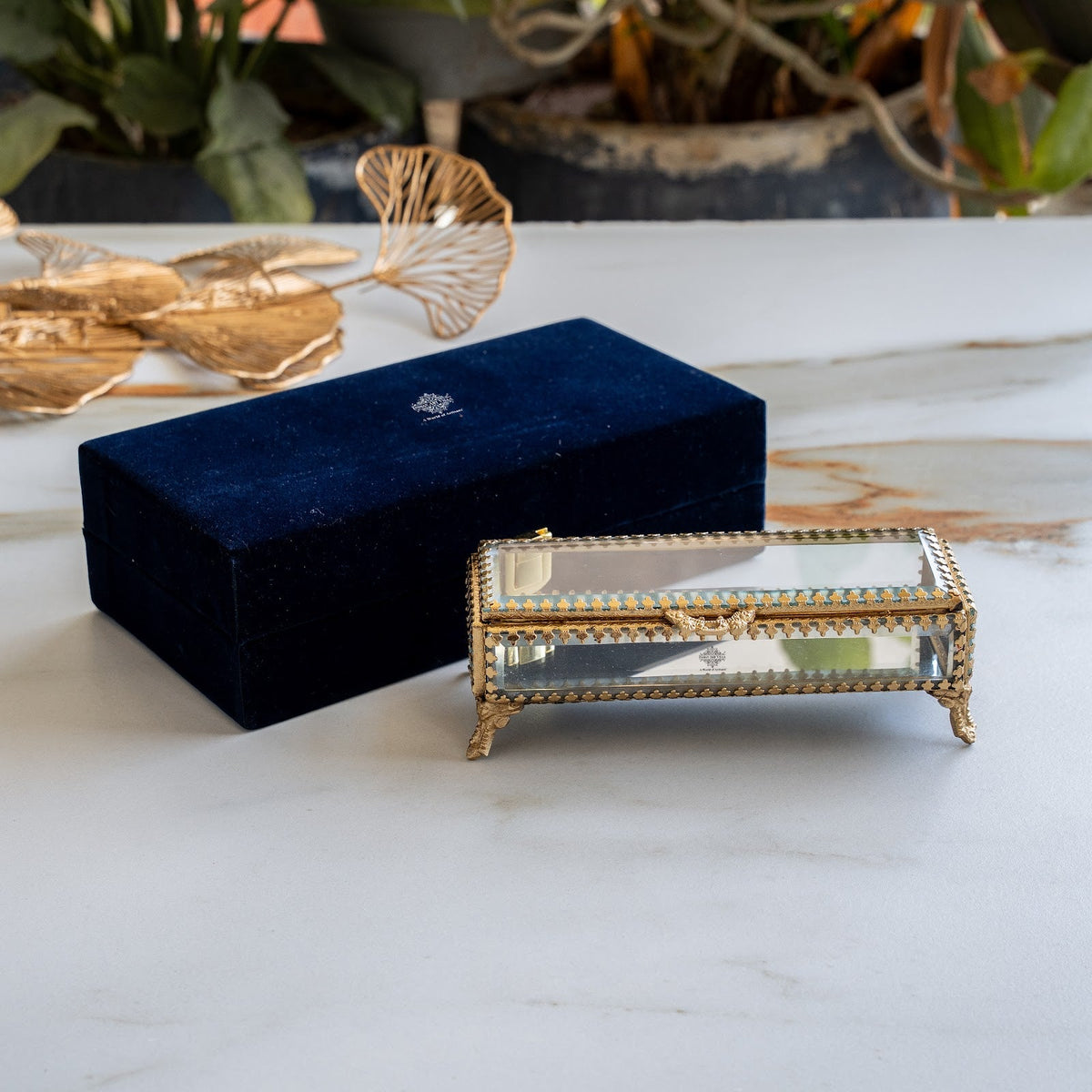 Brass & Glass Embossed Decorative Box for Home Decor & Gifting