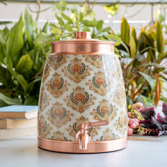 Copper Water Pot With Decorative Floral Kalakriti Print & Brass Tap- 7100 ML