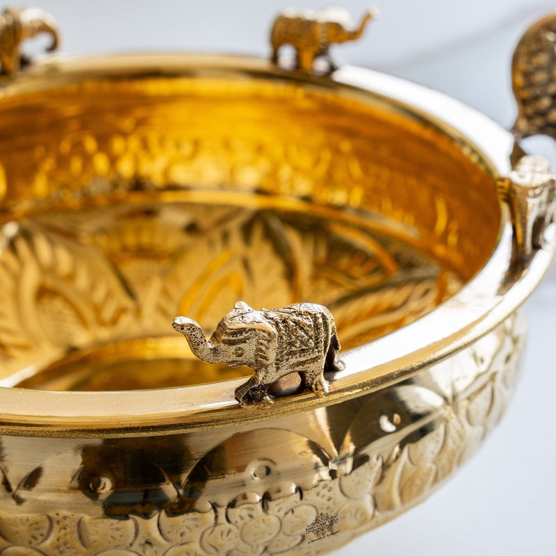 Handmade Pure Brass Urli with Elephant Figurines & Peacock Handles