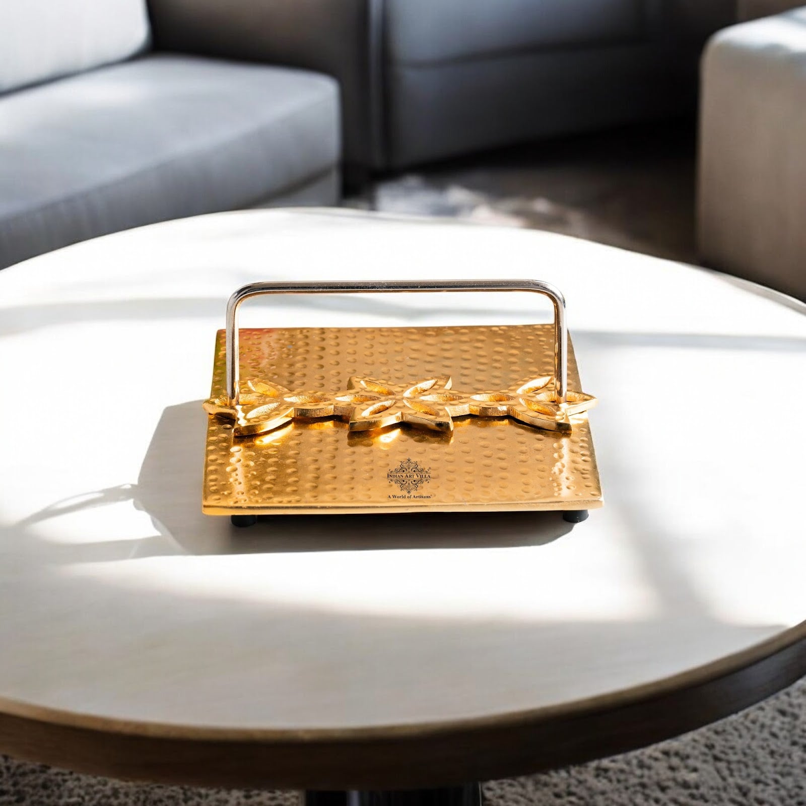 Brass Finish Hammered Napkin Holder with Floral Design - Elegant Table Accessory for Dining, Kitchen, Office, and Gifting