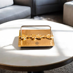 Brass Finish Hammered Napkin Holder with Floral Design - Elegant Table Accessory for Dining, Kitchen, Office, and Gifting