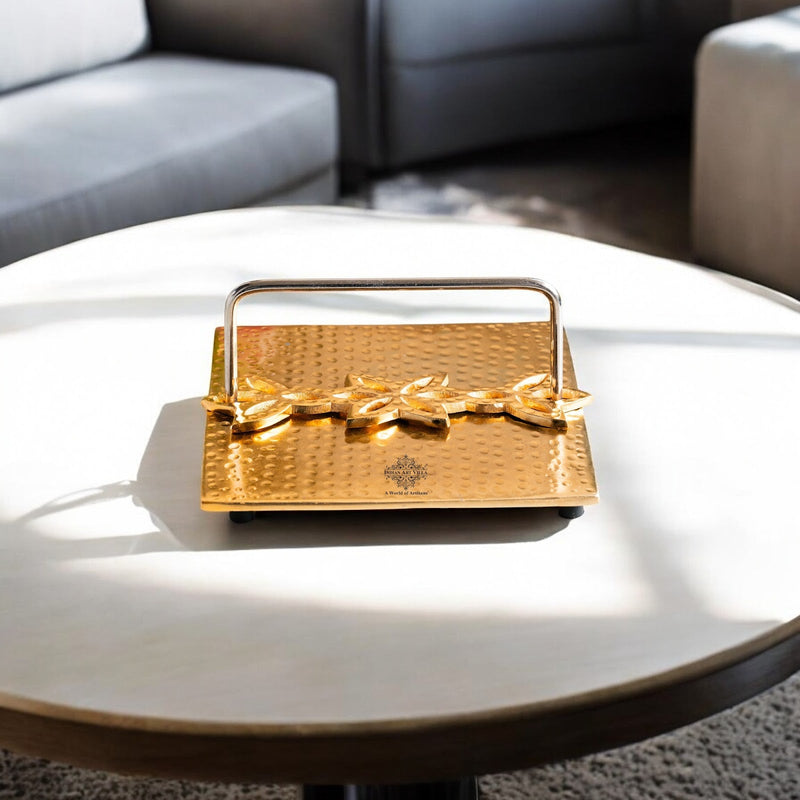 Brass Finish Hammered Napkin Holder with Floral Design - Elegant Table Accessory for Dining, Kitchen, Office, and Gifting