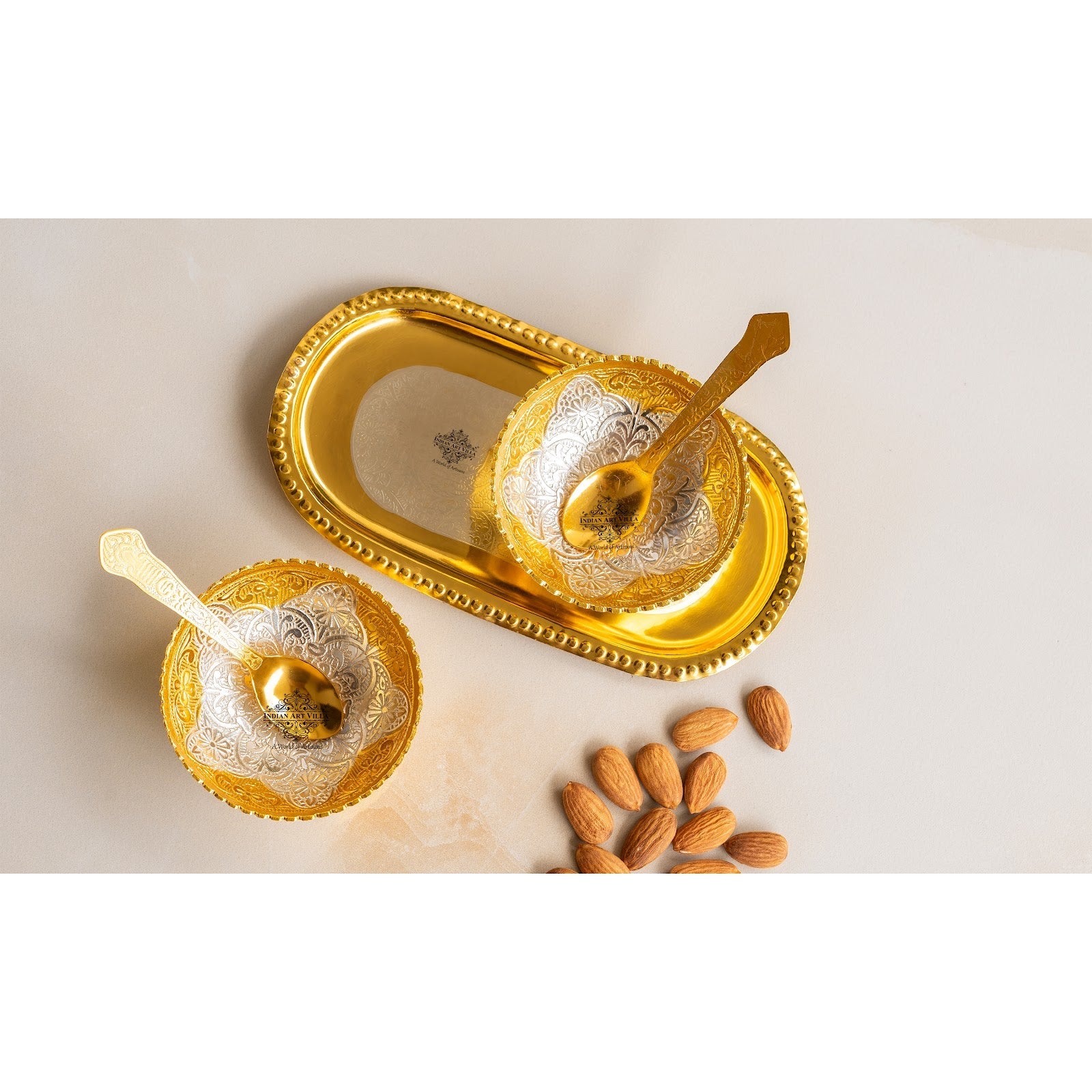 Silver Plated Gold Polished Embossed Floral Design 2 Bowl Set With 2 Spoons & 1 Tray