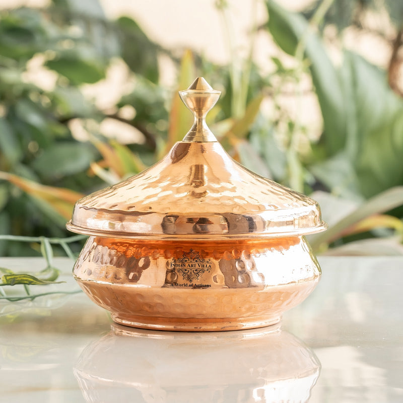 Steel Copper Mughlai Handi with Copper Lid and Brass Knob, 330 ML & 1350 ML – Hammered Design Serveware, Perfect for Home & Restaurant Use