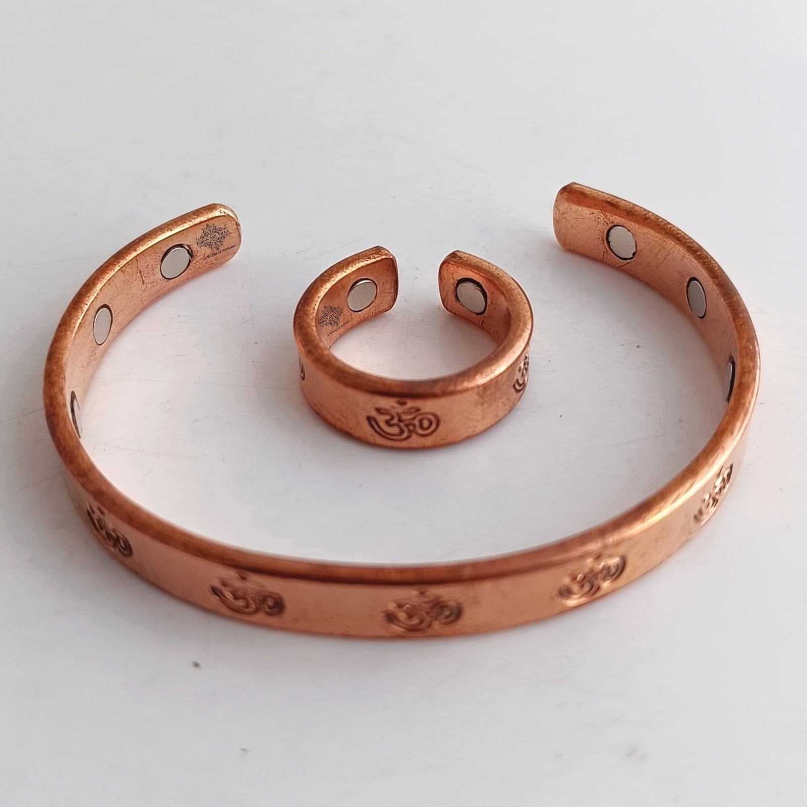 Pure Copper Om Design Bangle with Magnet & Matching Ring