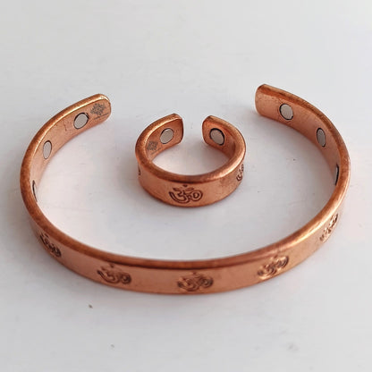 Pure Copper Om Design Bangle with Magnet & Matching Ring