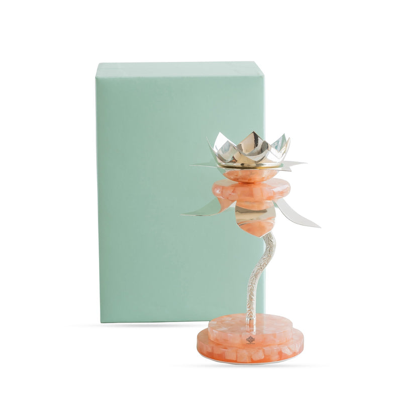 Silver Plated Resin Lamp Stand with Gift Box – Elegant Decorative Lotus Design, Perfcet For Home, Festival, Wedding And Premium Gifting
