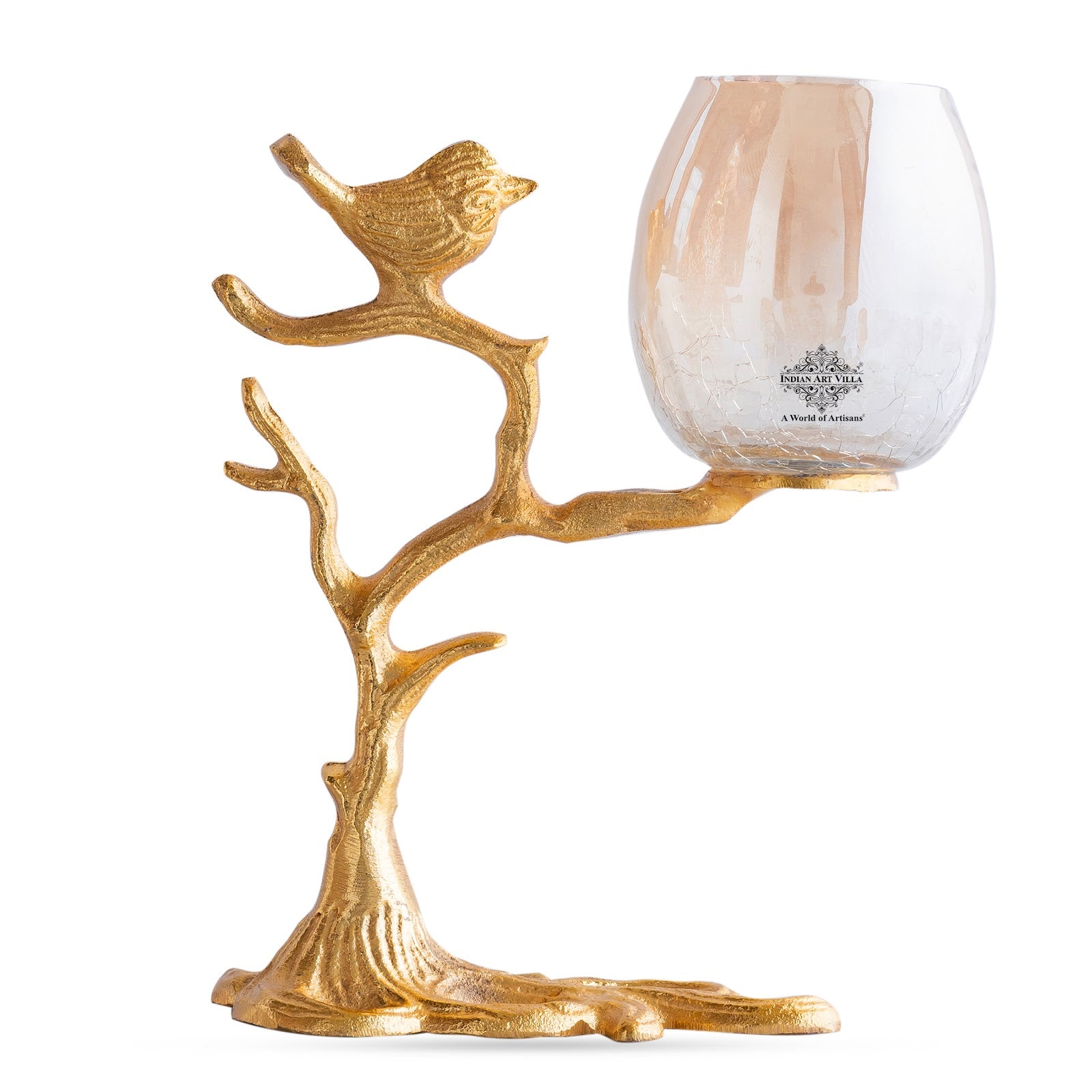 Gold Finish Decorative Candle Holder with Tree Bird Design – Elegant Home Decor Accent For Decoration And Gifting