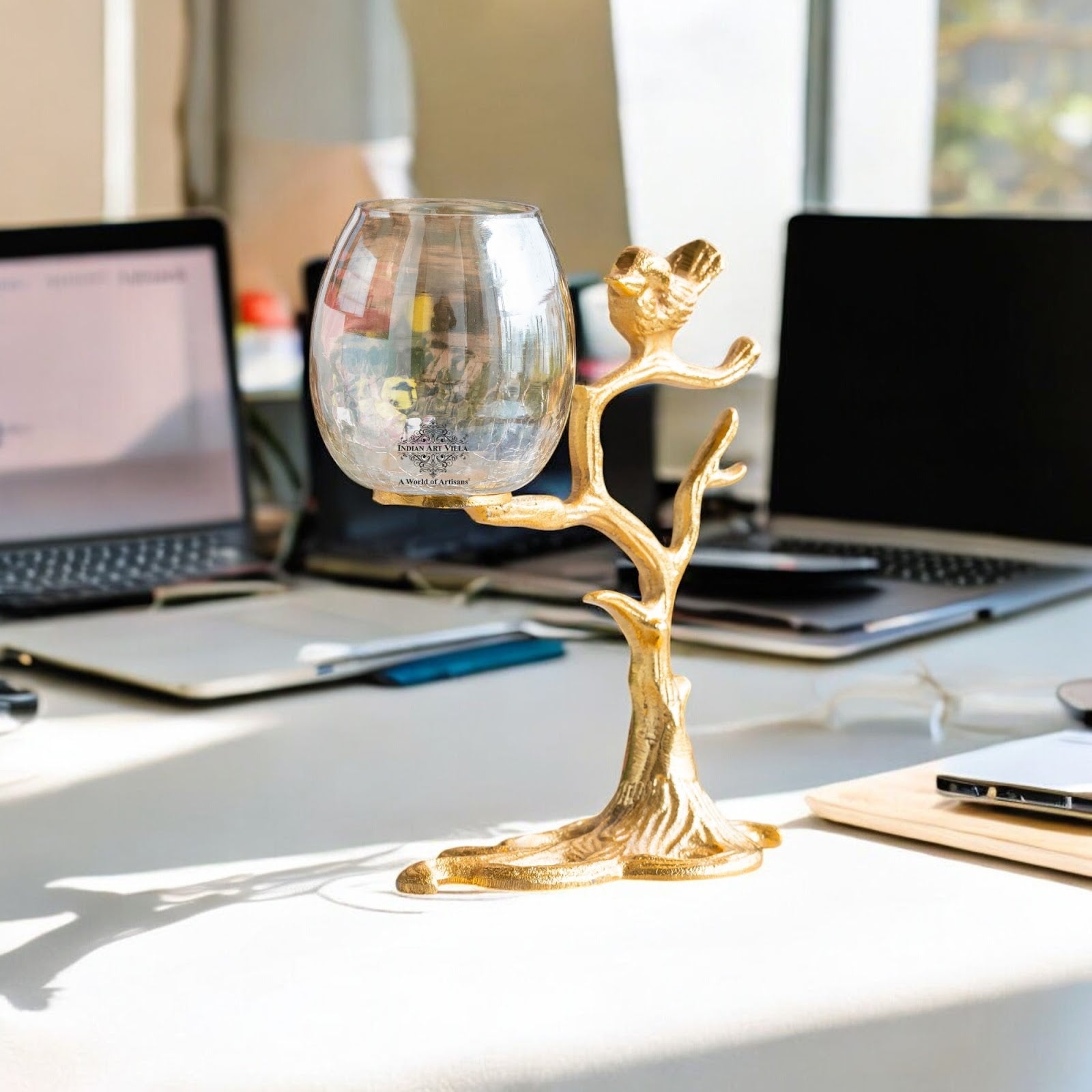 Gold Finish Decorative Candle Holder with Tree Bird Design – Elegant Home Decor Accent For Decoration And Gifting