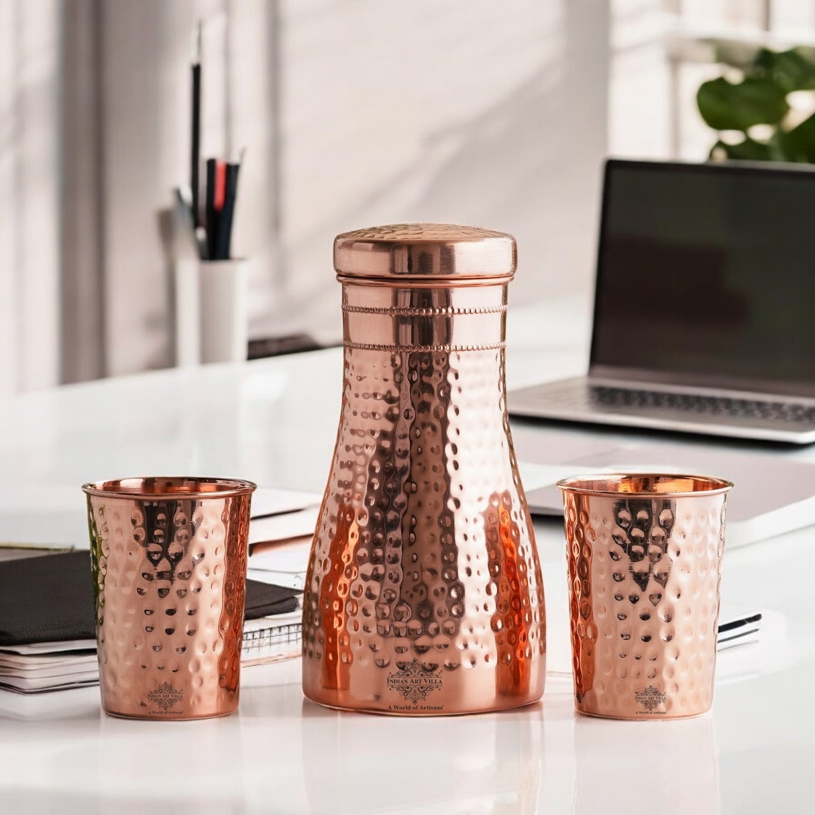 Pure Copper Drinkware Gift Set – Hammered Design, Water Bottle (900 ML) & 2 Glasses (275 ML) Set