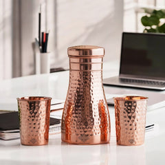 Pure Copper Drinkware Gift Set – Hammered Design, Water Bottle (900 ML) & 2 Glasses (275 ML) Set