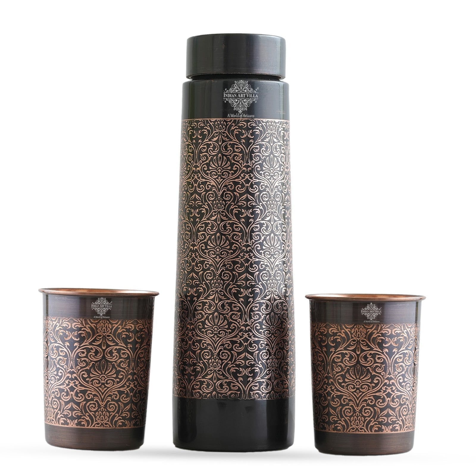 Antique Finished Embossed Design Drinkware Gift Set of Copper Pyramid Shape Bottle & Copper Glass