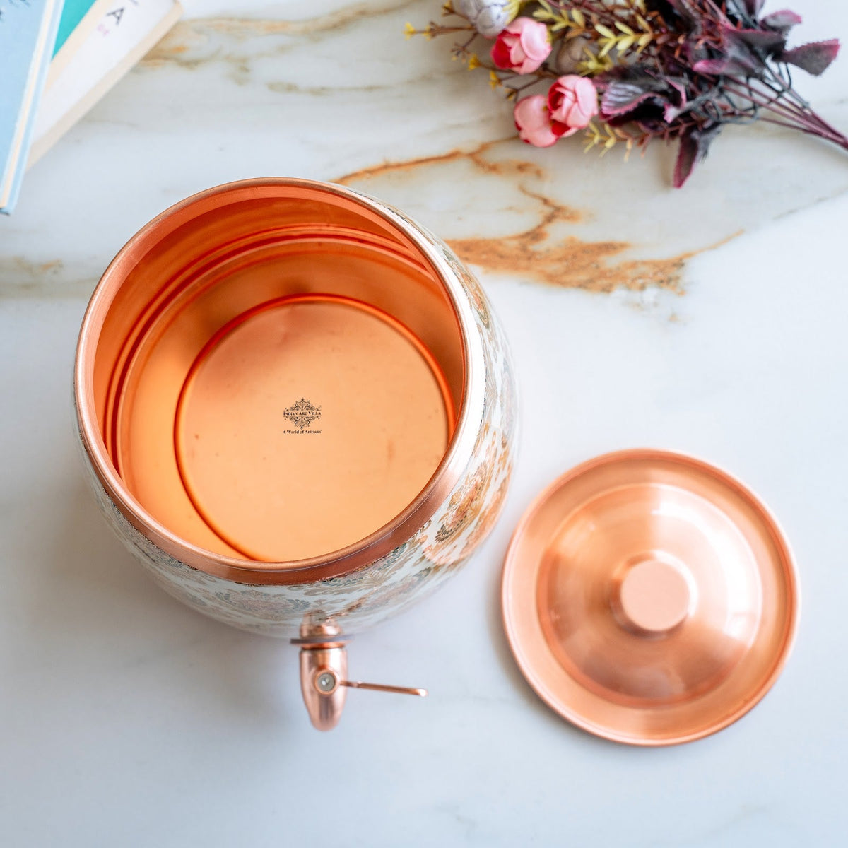 Copper Water Pot With Decorative Floral Kalakriti Print & Brass Tap- 7100 ML