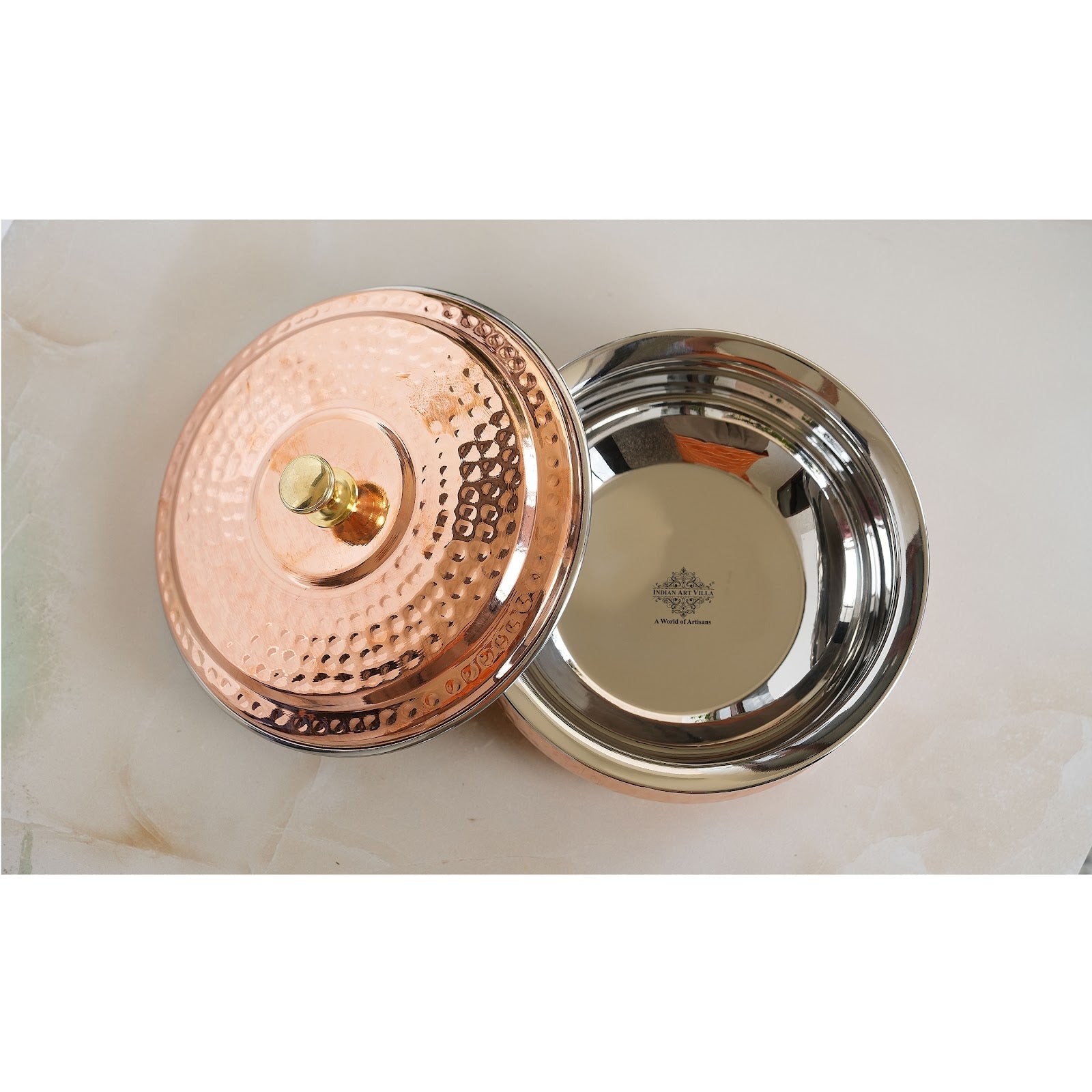 Handcrafted Pure Steel Copper Hammered Design Handi with Lid, Serveware, Tableware