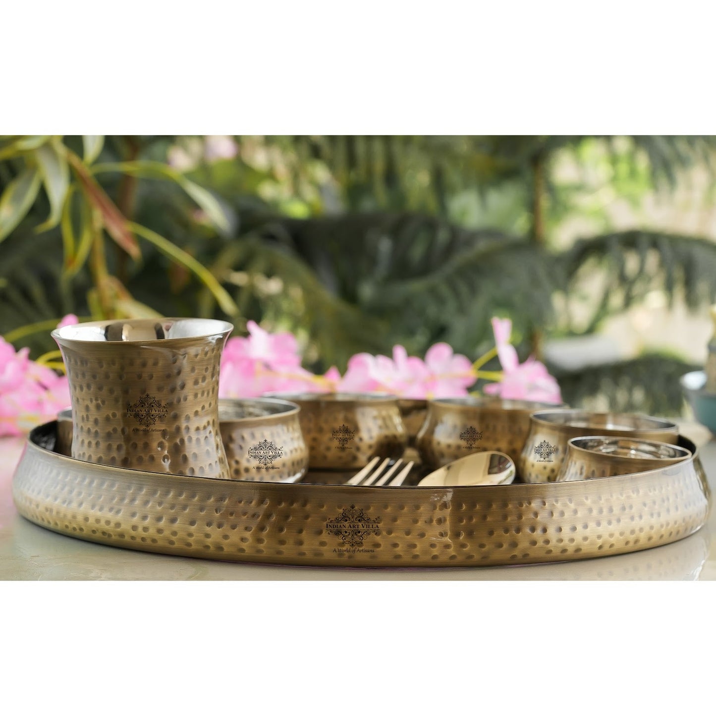 Steel Brass Curve Thali Set 9 Piece, Hammered Antique Finish Design Dinner Set