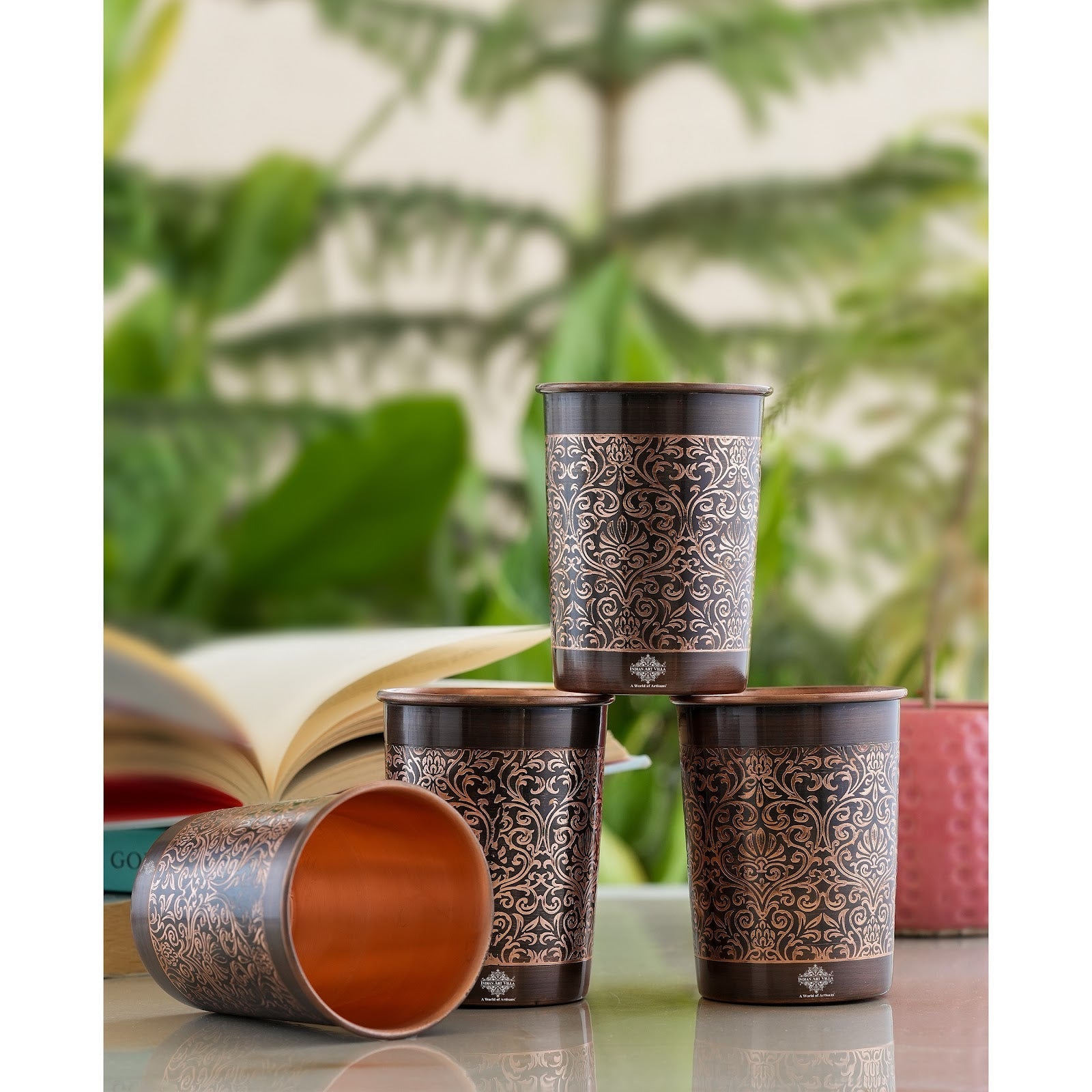 Pure Copper Glass With Handcrafted Embossed Design 275 ML