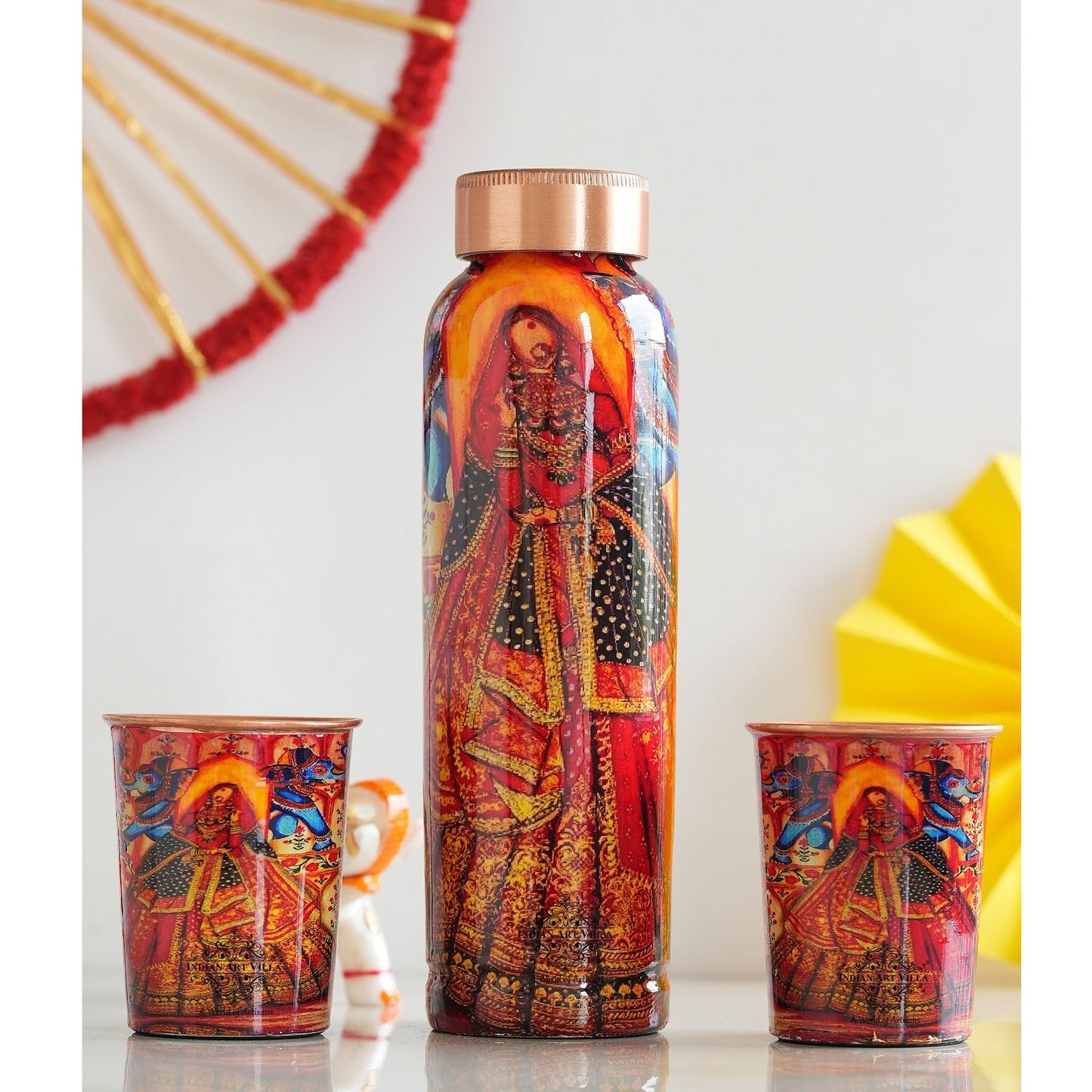 Rajasthani Meena "Padharo Mhare Desh" Printed Copper Bottle & Glass Set