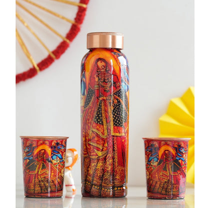 Rajasthani Meena "Padharo Mhare Desh" Printed Copper Bottle & Glass Set