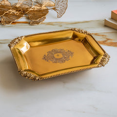 Pure Brass Rectangular Tray with Rose Corner Design