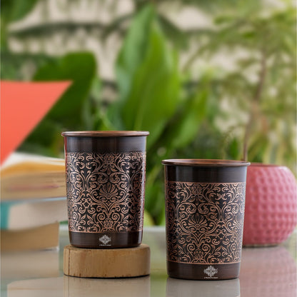Pure Copper Glass With Handcrafted Embossed Design 275 ML