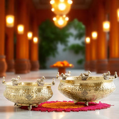 Brass Urli with Embossed Duck & Lotus Flower Design – Traditional Urli