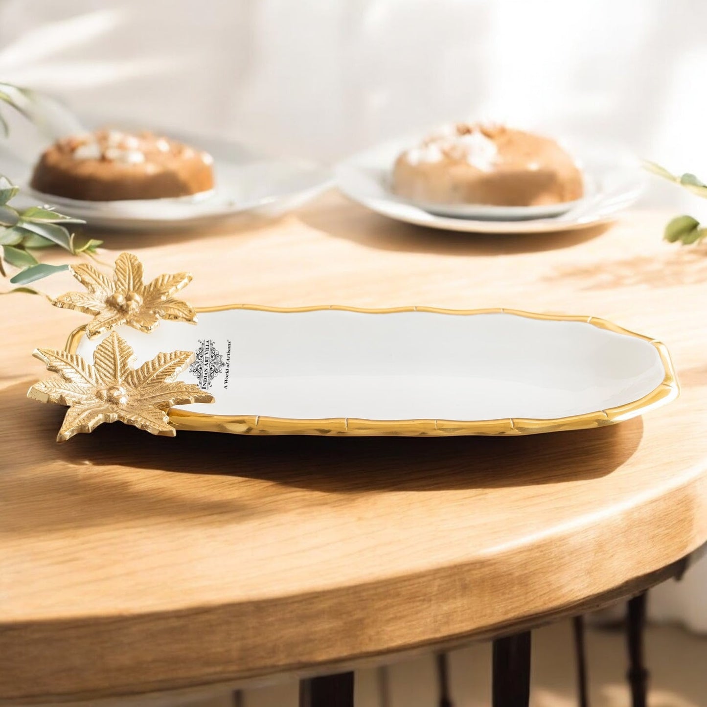Brass Finish Decorative Serving Plate with Flower Design, Oval Platter, Elegant Tableware for Snacks, Dry Fruits, Gifting, and Home Décor.
