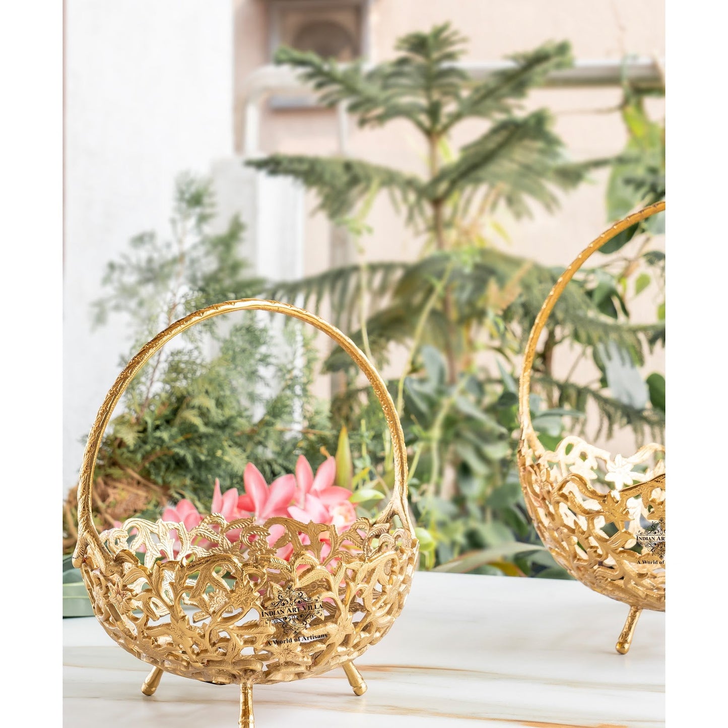Brass Hanging Basket with Intricate Cutwork Design – Decorative Brass Finish Basket