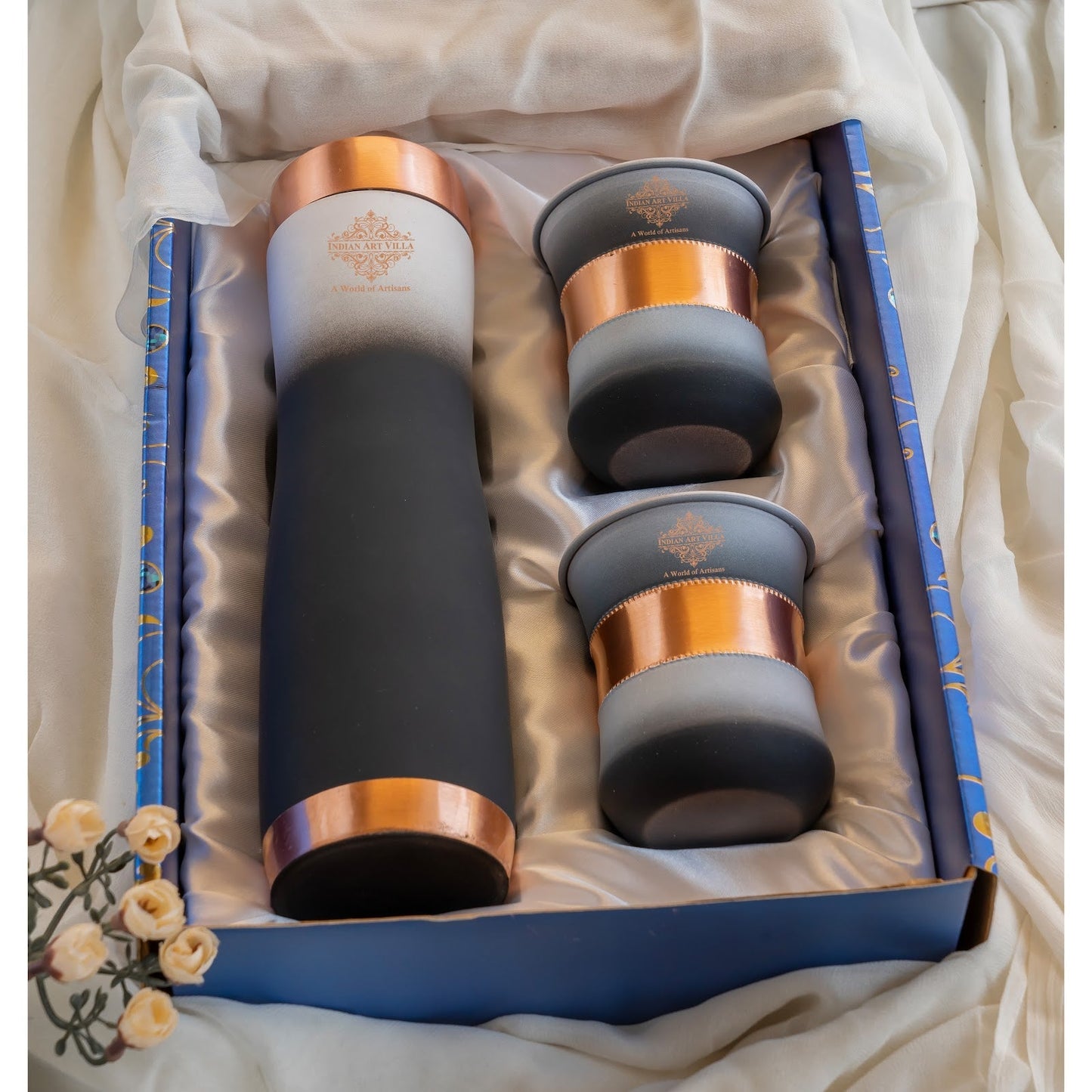 Matt Ombre Copper Bottle and Glass Set with Royal Look  Bottle-900 Ml, Glass-275Ml