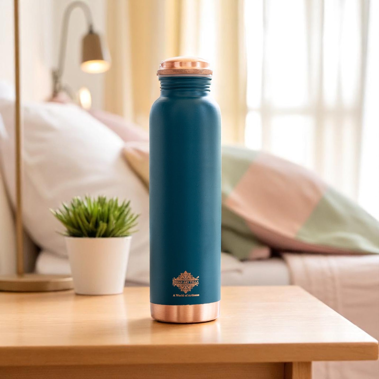 Copper Bottle with Silk Finish Lacquer Coating – Teal Blue Color, 900 ML