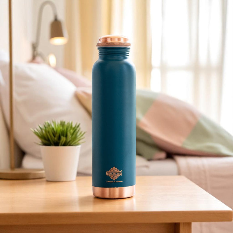 Copper Bottle with Silk Finish Lacquer Coating – Teal Blue Color, 900 ML