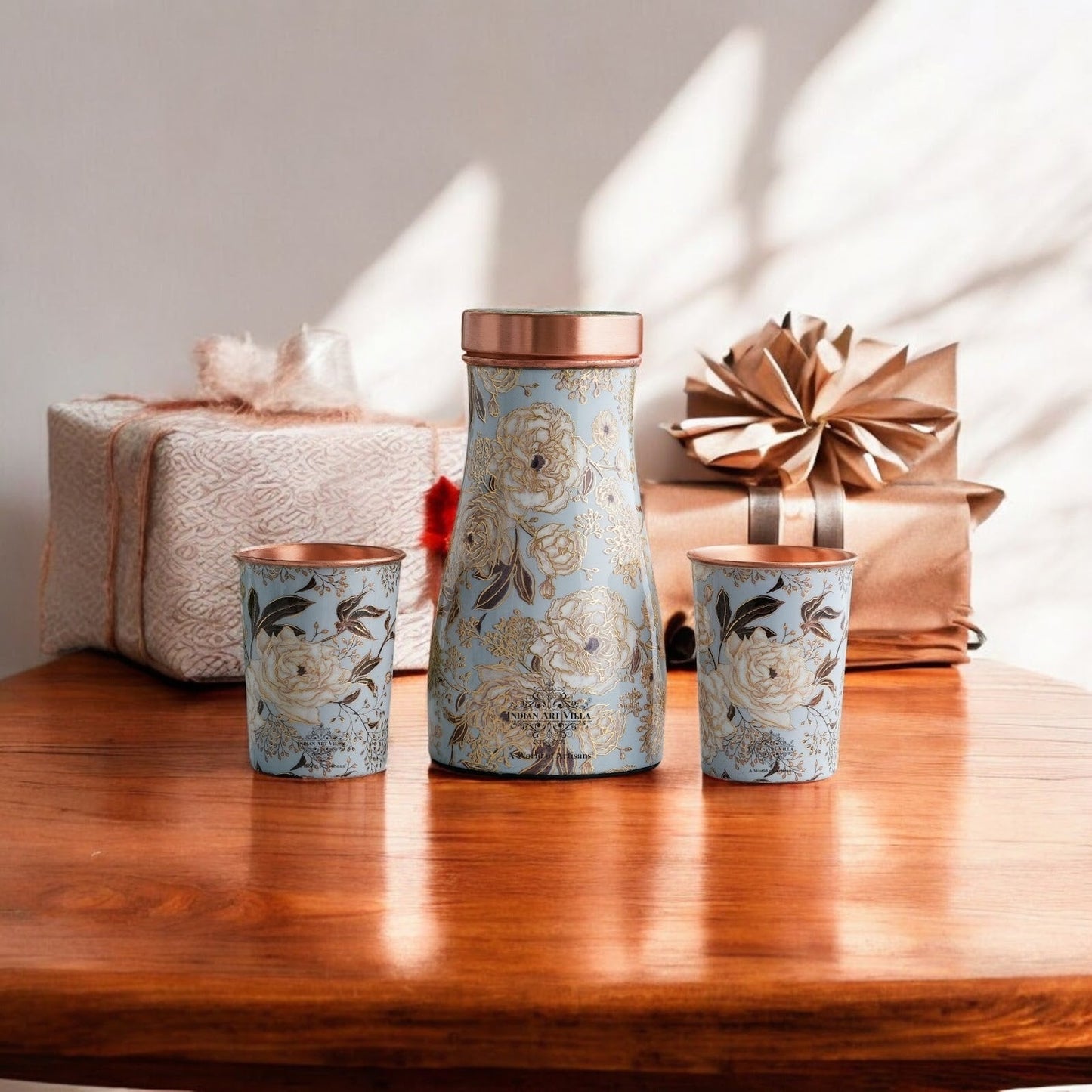 Copper Gold Printed Bedroom Bottle with 2 Glass Set – 900 ML Bottle & 300 ML Glass