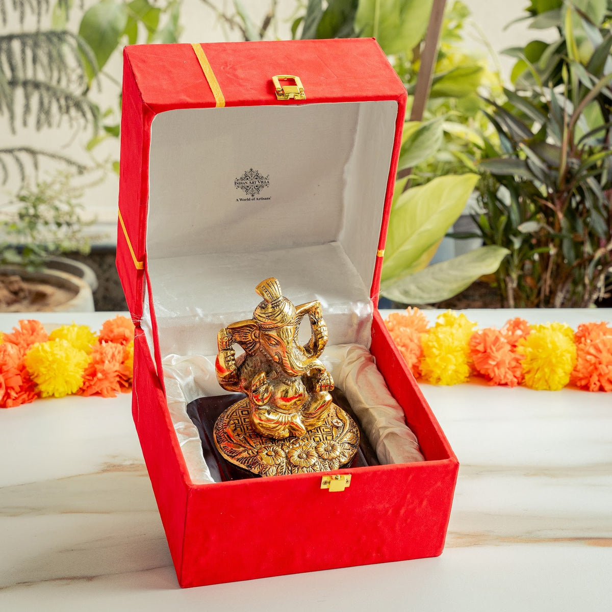 Brass Finish Ganesh Ji Murti with Wooden Base