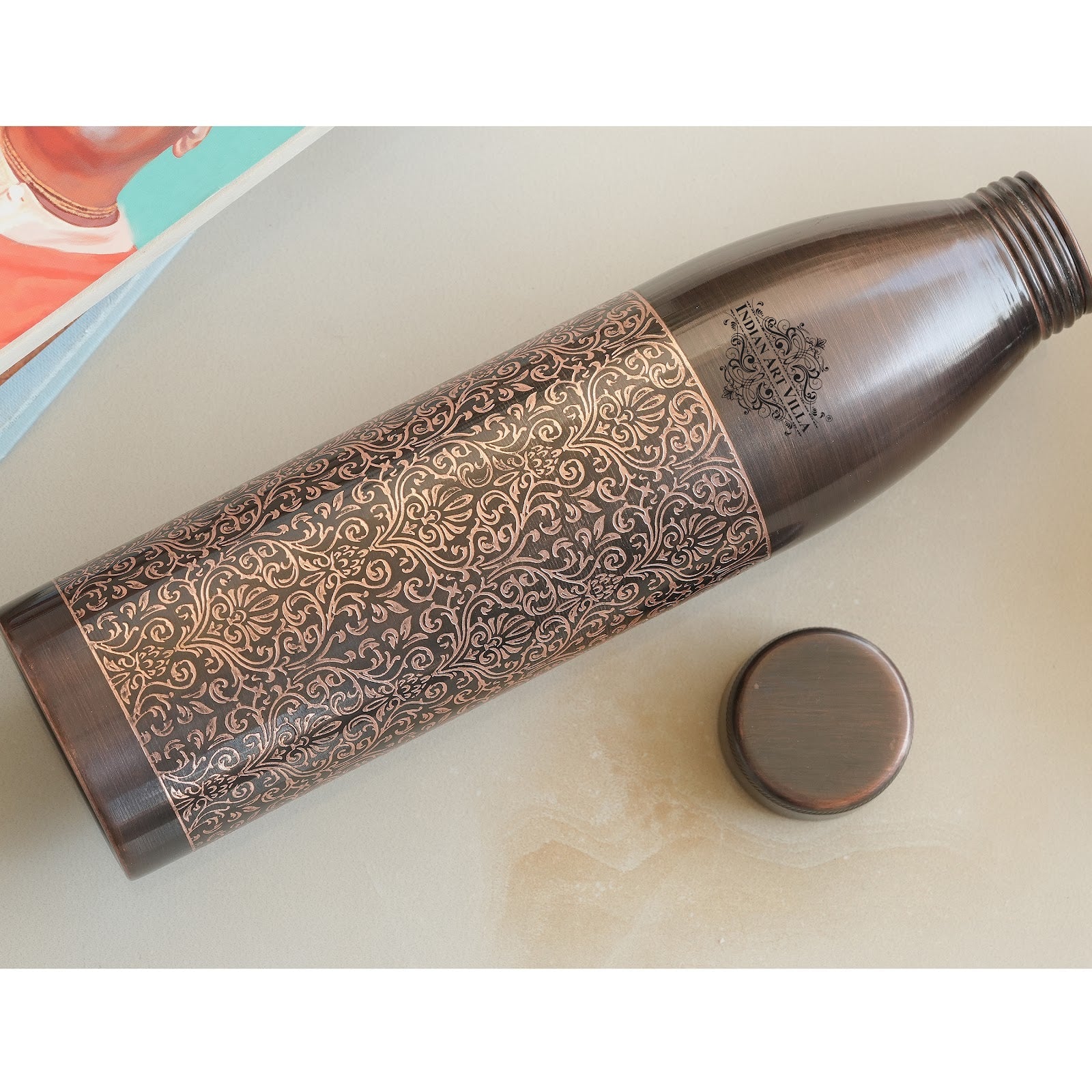 Pure Copper Bottle with Antique Dark Embossed Design, 900ml