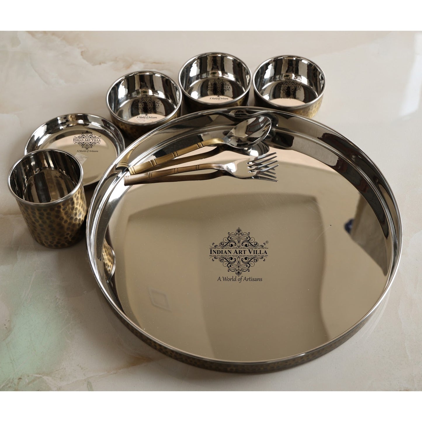 Steel Brass Hammered Design Thali Set/ Dinner Set, Antique finish, 33cm 8 Piece set