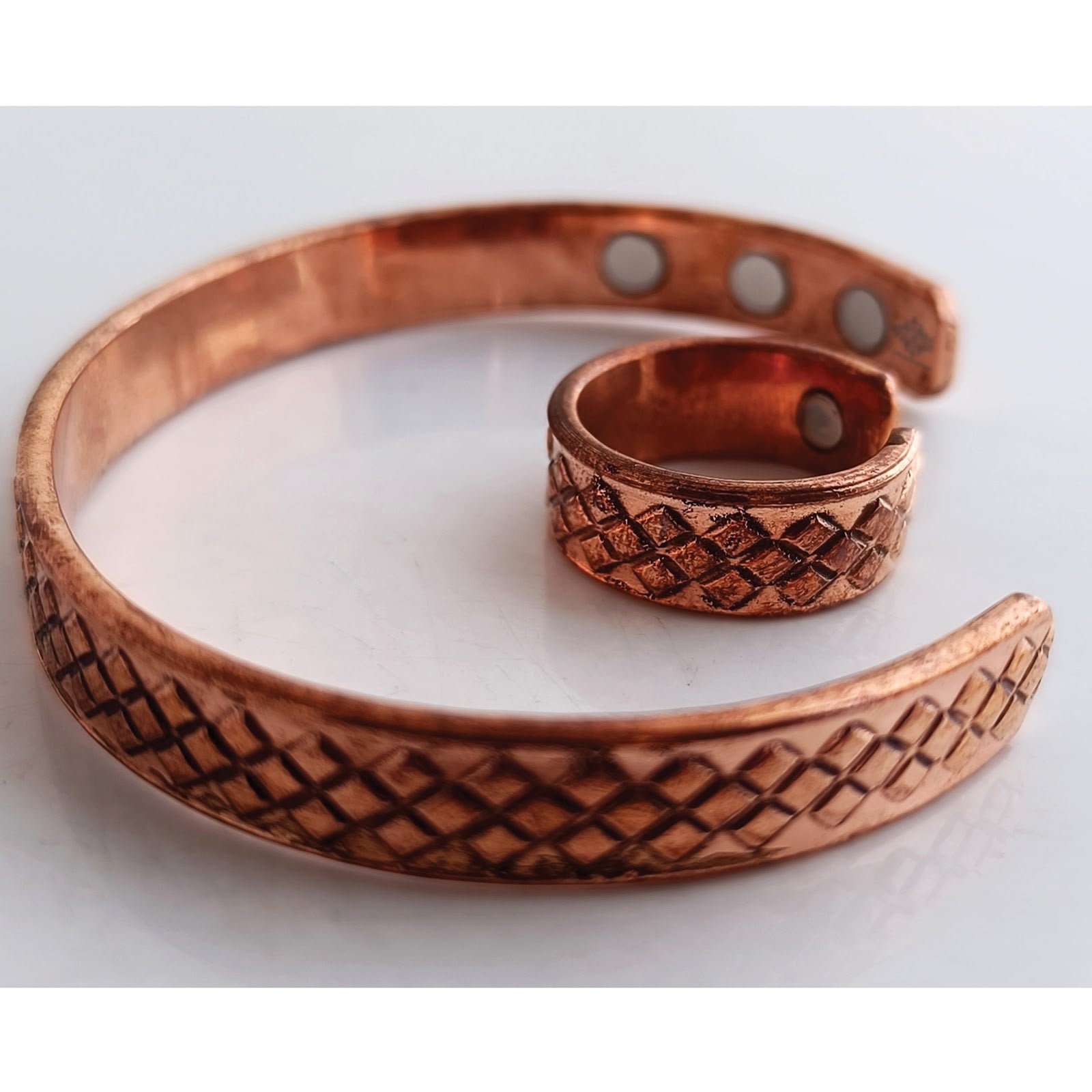 Pure Copper Diamond Design Bangle with Magnet & Matching Ring