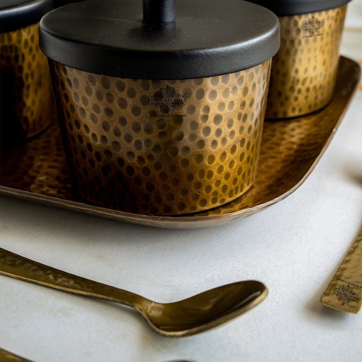 Antique Hammered Brass Finish Condiment Bowl Set of 4 With Lid & Spoon