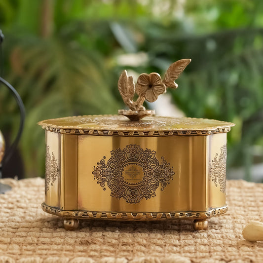 Royal Brass Dry Fruit Box with Floral Lid – Handcrafted Elegance |  Brass Decorative Box
