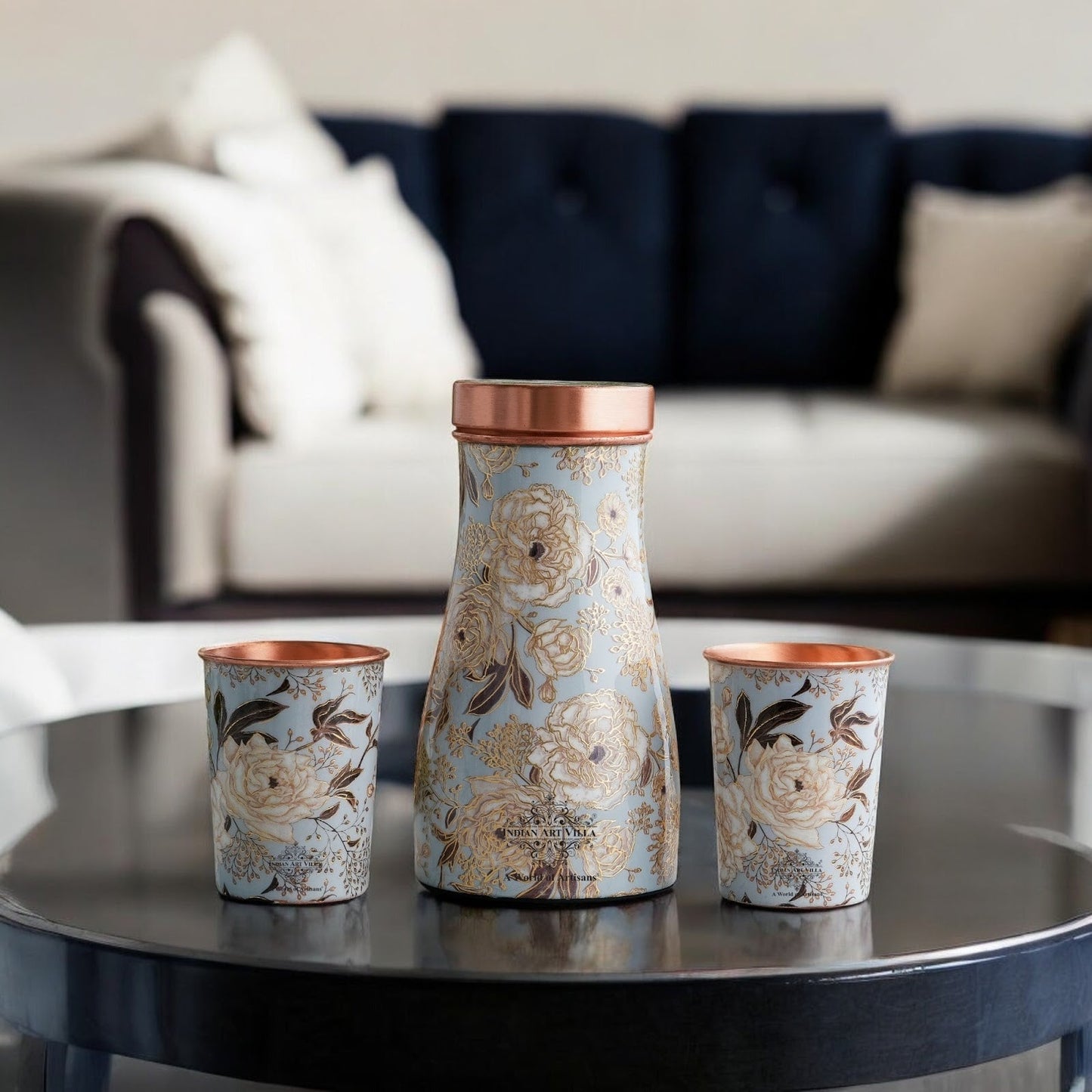 Copper Gold Printed Bedroom Bottle with 2 Glass Set – 900 ML Bottle & 300 ML Glass