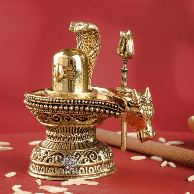 Brass Shivling with Nandi Face & Trishul – Decorative Spiritual Idol