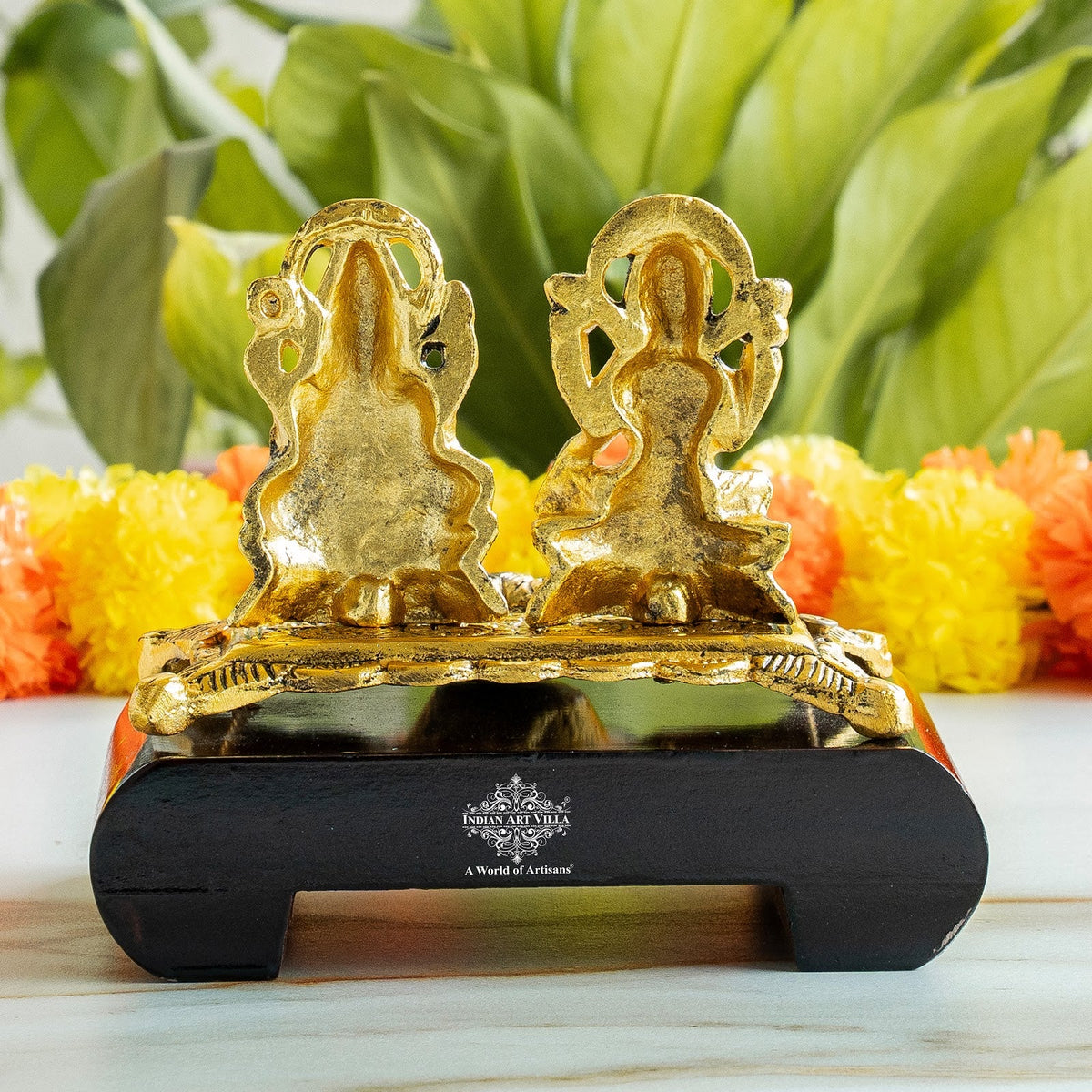 Brass Finish Ganesh Ji With Laxmi JI Murti with Wooden Base