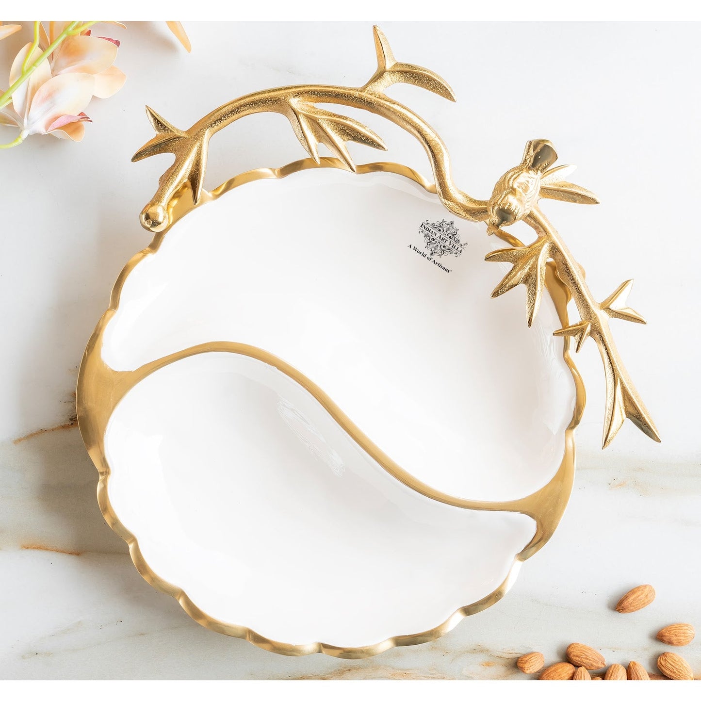 Brass Finish Decorative Serving Platter with Bird Design, Serveware for Home Décor, Gifting, and Special Occasions