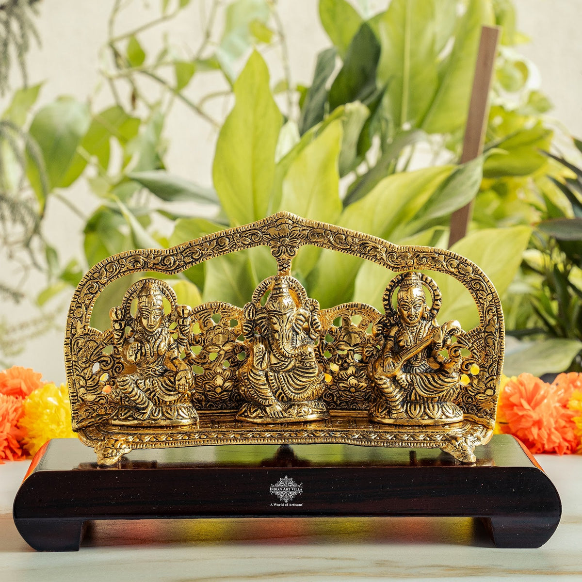 Brass Finish Ganesh, Laxmi & Saraswati Idol with Velvet Gift Box