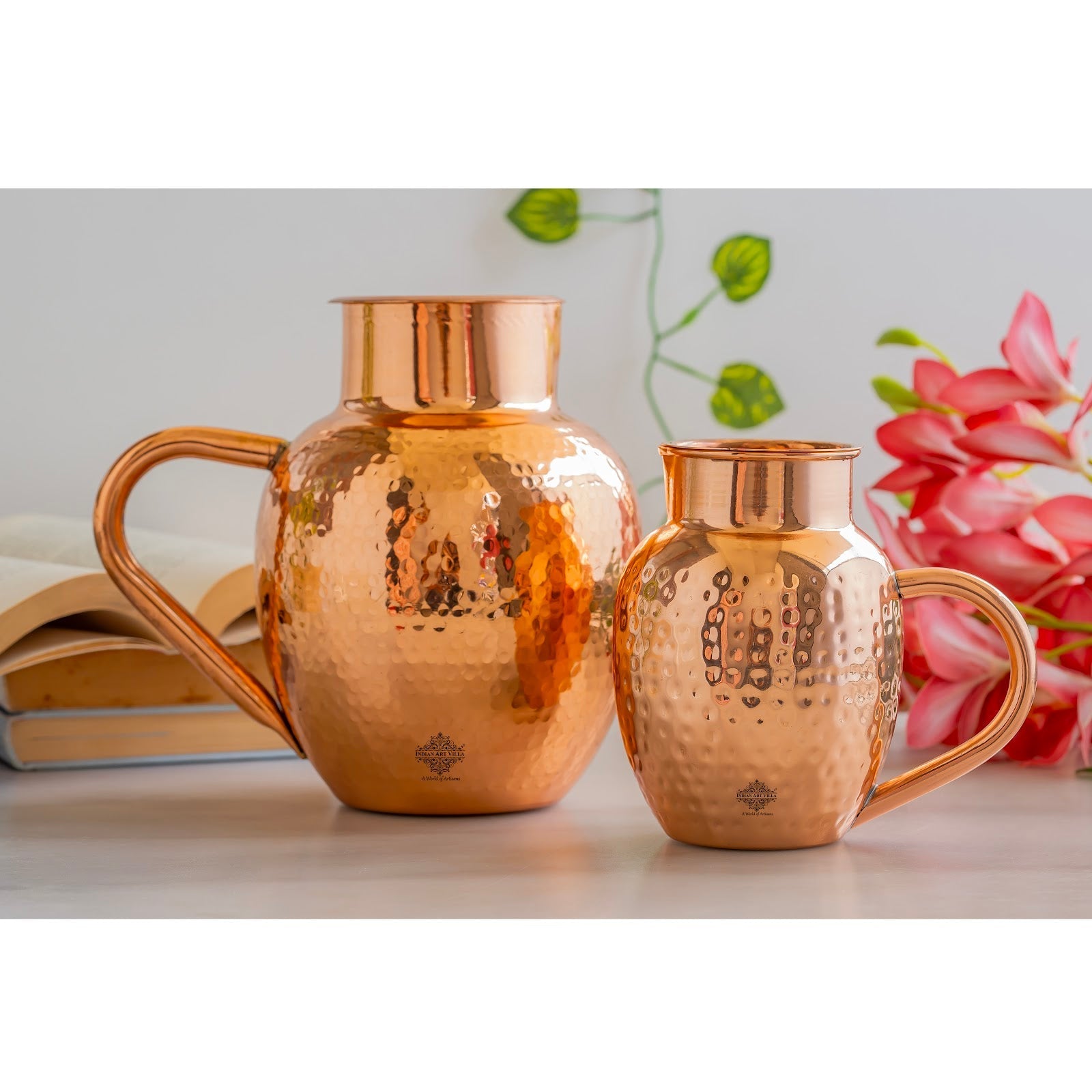 Pure Copper Hammered Surai Jug with Bowl Style Lid