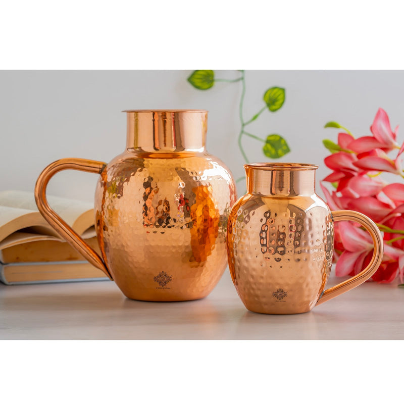 Pure Copper Hammered Surai Jug with Bowl Style Lid