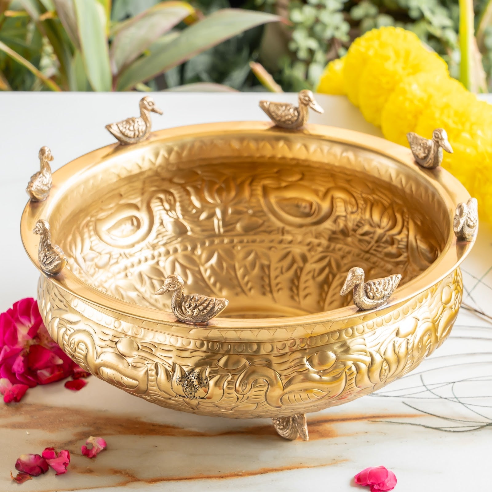 Brass Urli with Embossed Duck & Lotus Flower Design – Traditional Urli